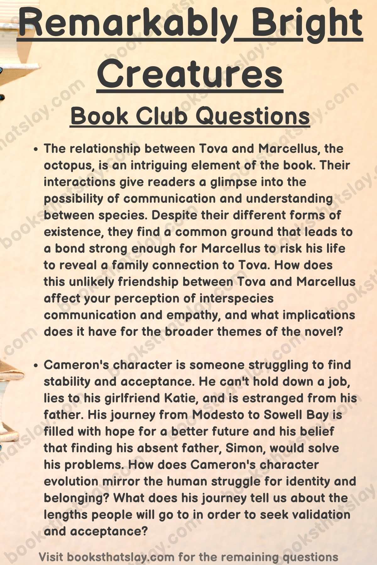 Remarkably Bright Creatures Book Club Questions for Discussion Infographic