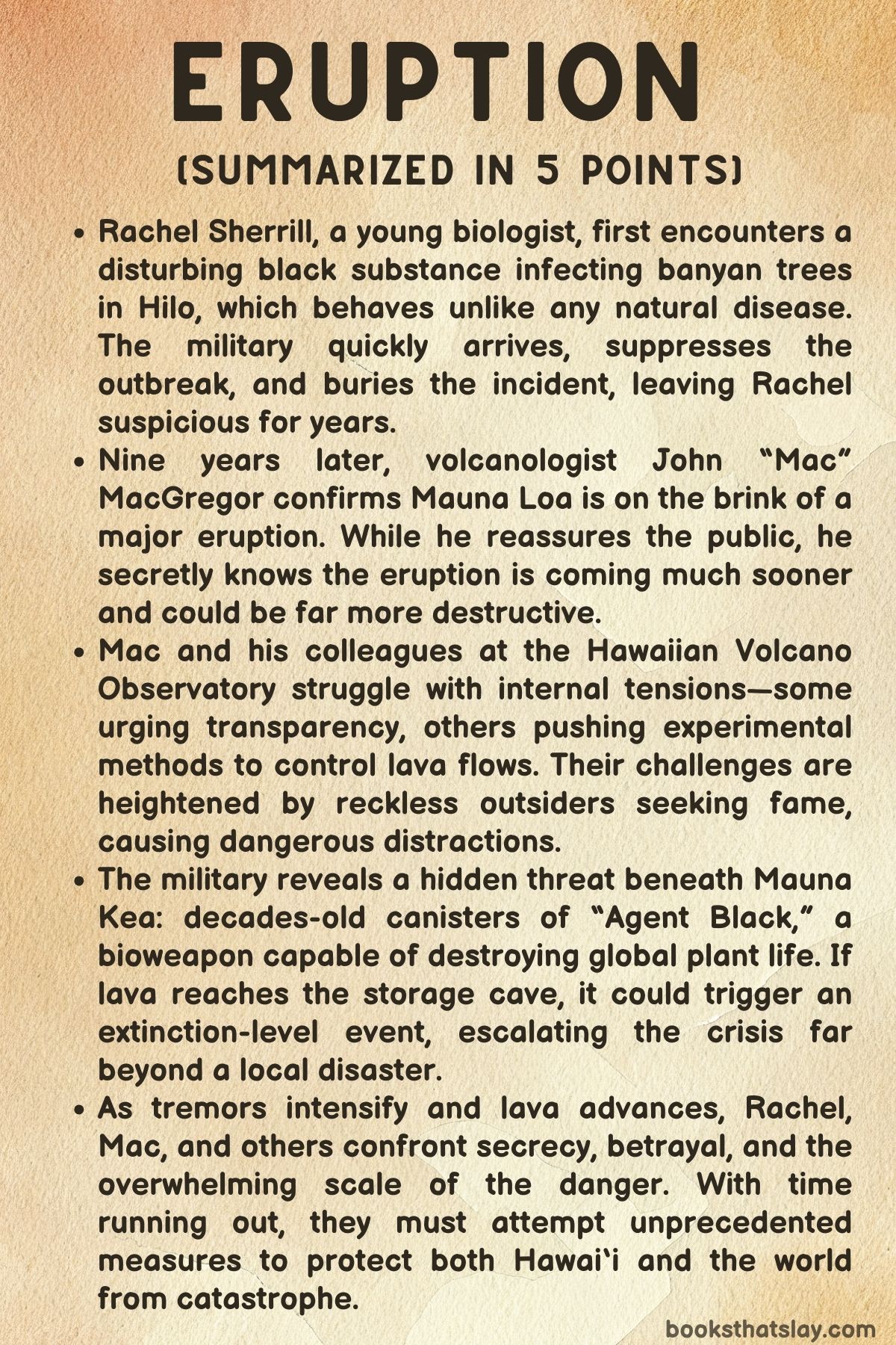 Eruption Summary, Characters and Themes