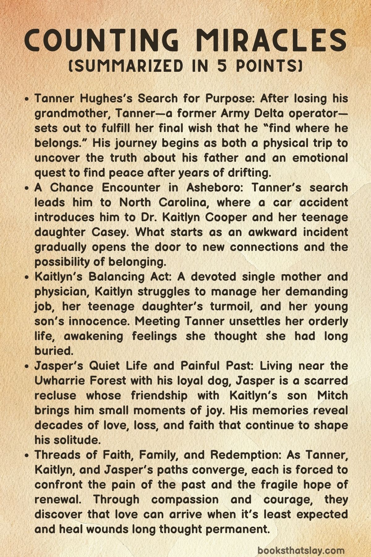 Counting Miracles by Nicholas Sparks Summary, Characters and Themes