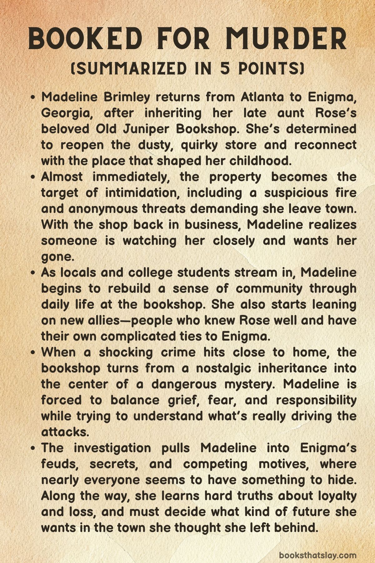 Booked for Murder Summarized in 5 Points