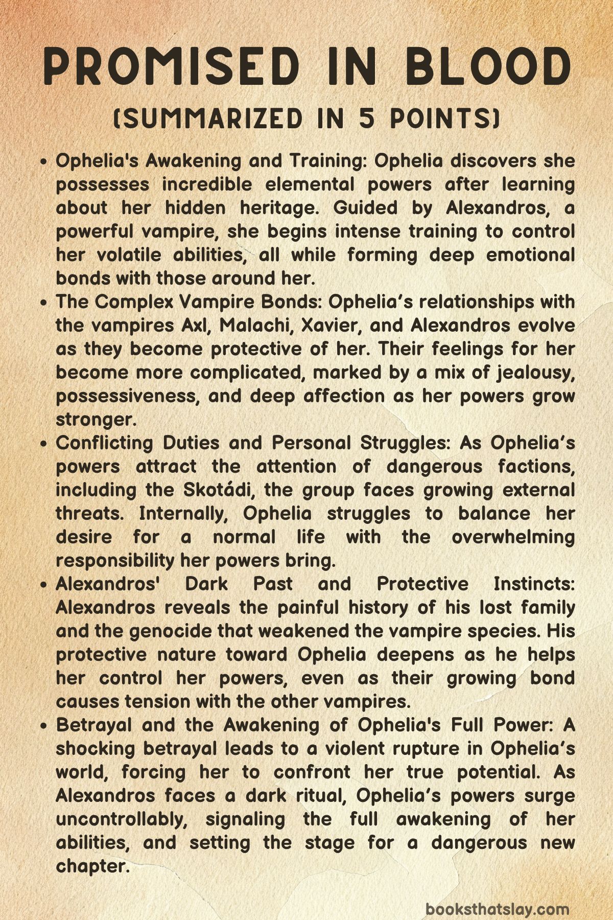 Promised in Blood Summary, Characters and Themes