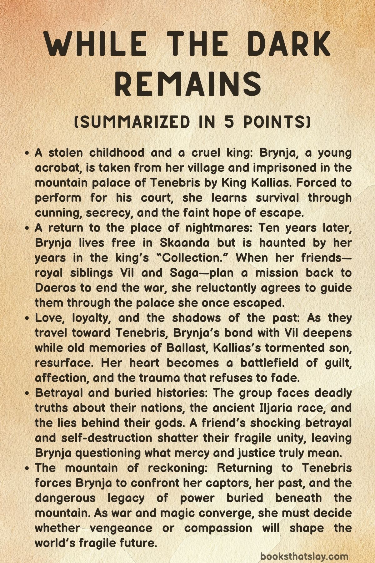 While the Dark Remains Summary, Characters and Themes