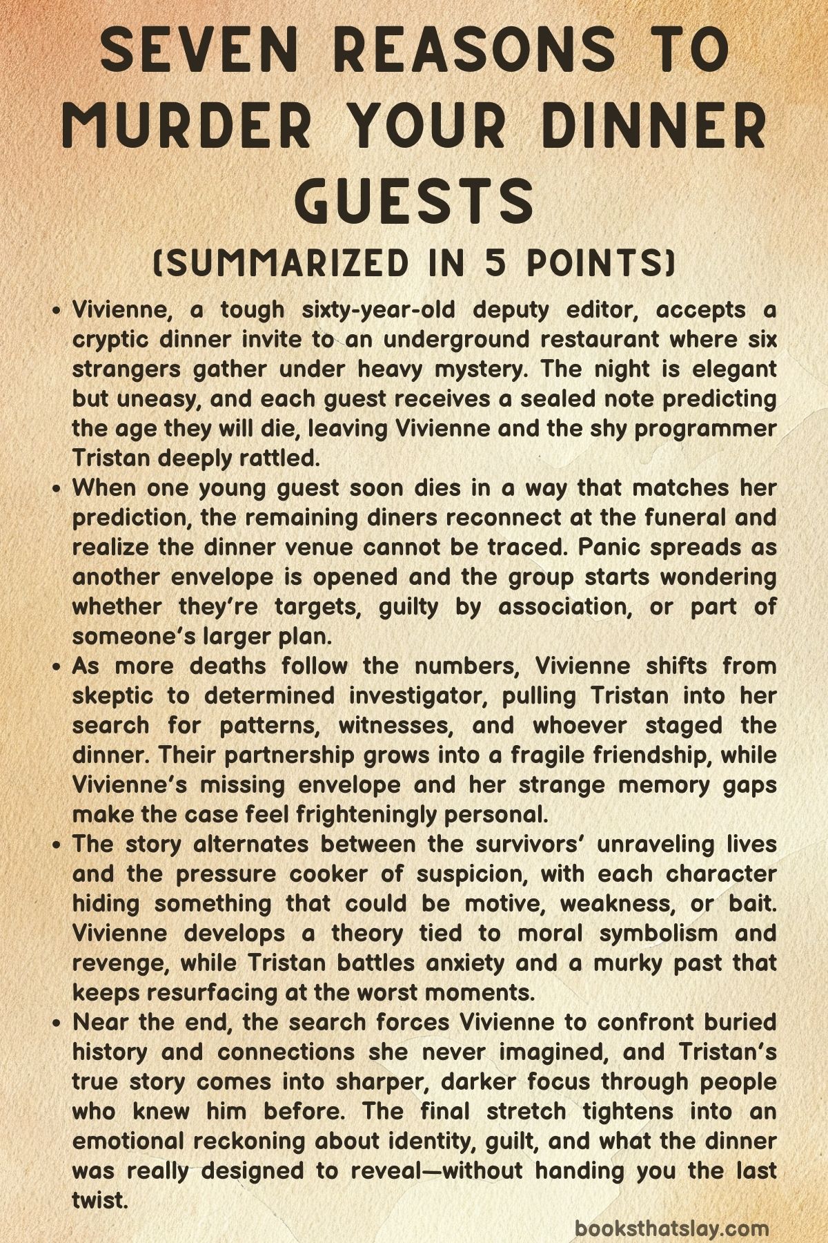 Seven Reasons to Murder Your Dinner Guests Summary, Characters and Themes
