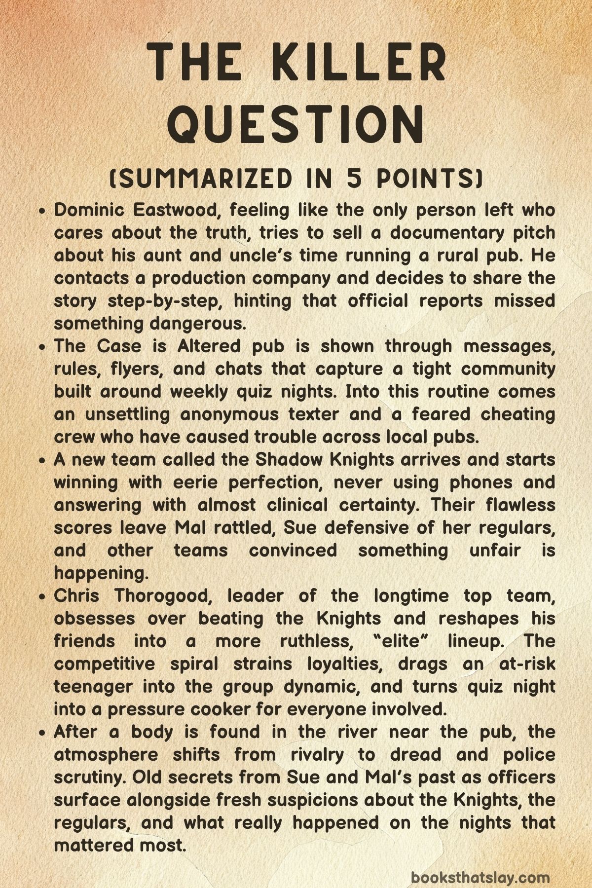 The Killer Question Summary, Characters and Themes