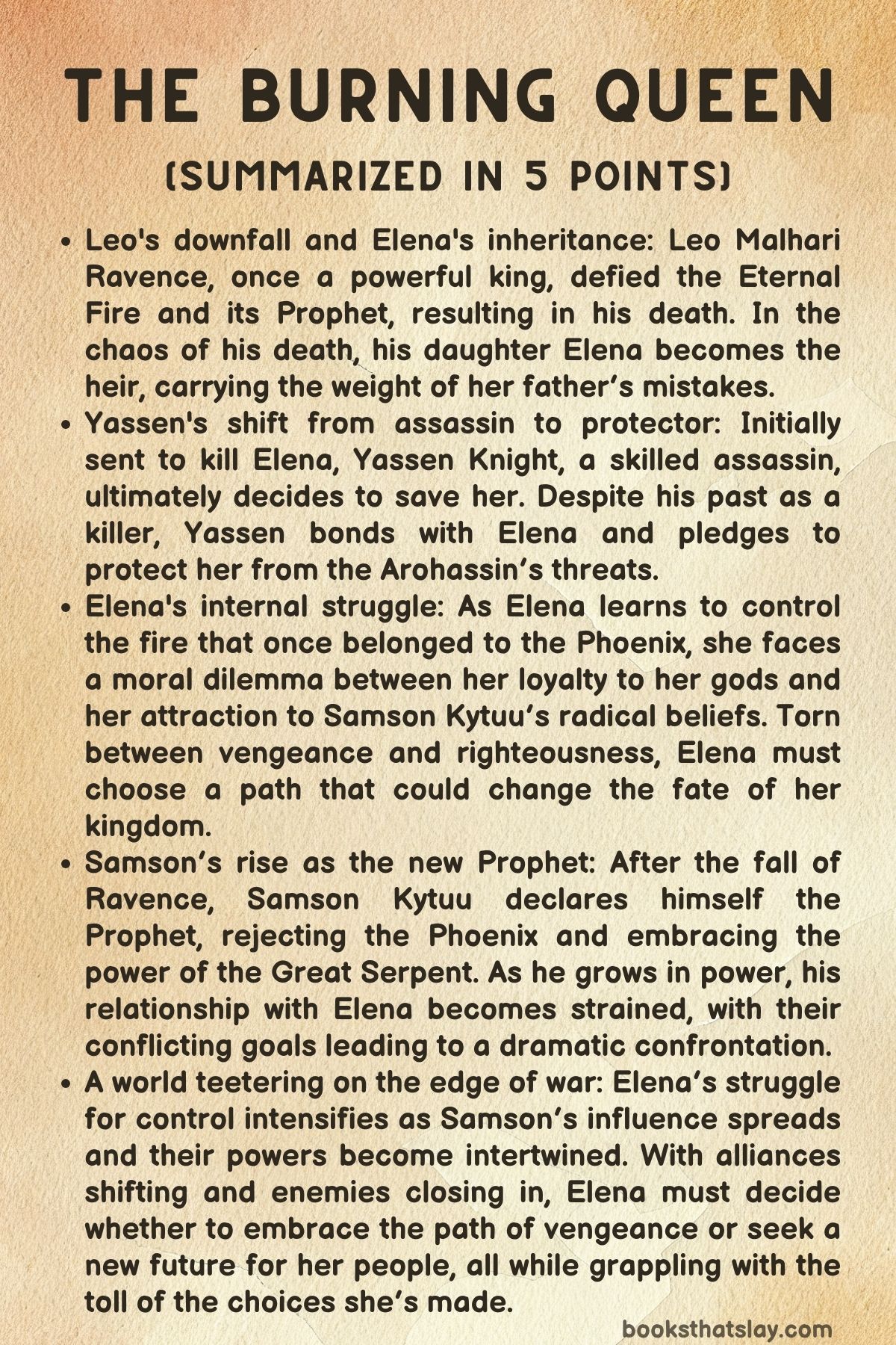 The Burning Queen Summary, Characters and Themes