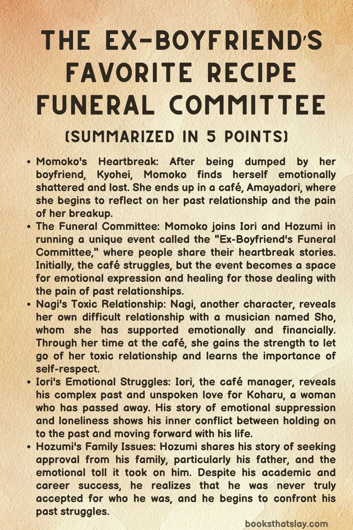 The Ex-Boyfriend’s Favorite Recipe Funeral Committee Summary, Characters and Themes
