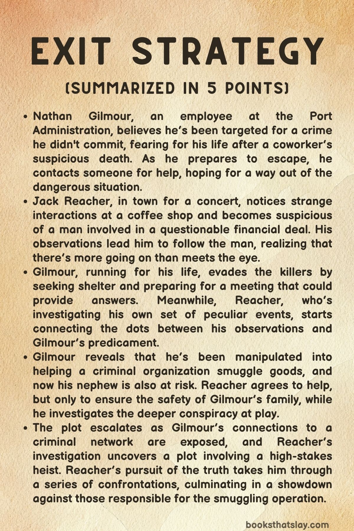 Exit Strategy Summary, Characters and Themes