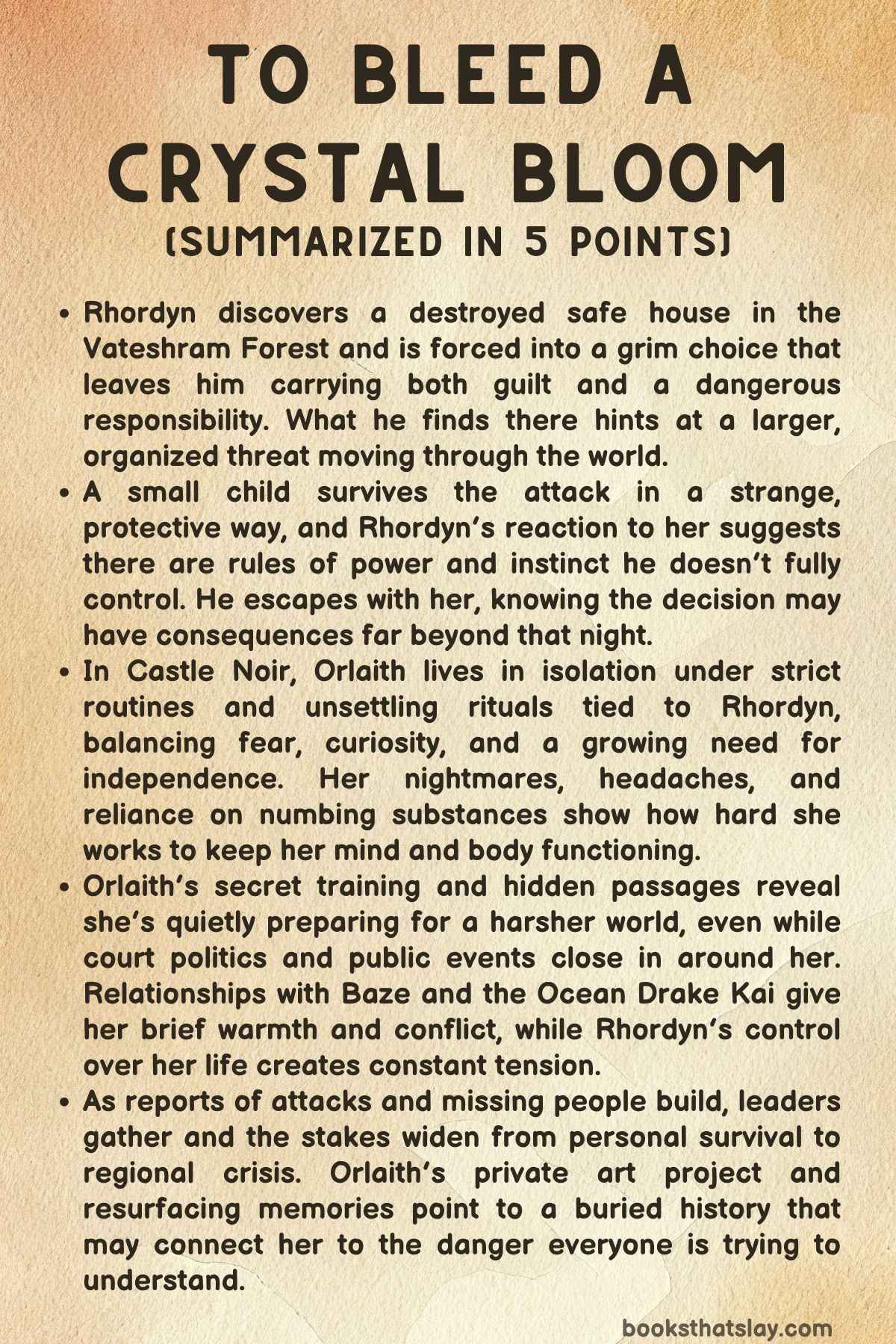 To Bleed a Crystal Bloom Summary, Characters and Themes