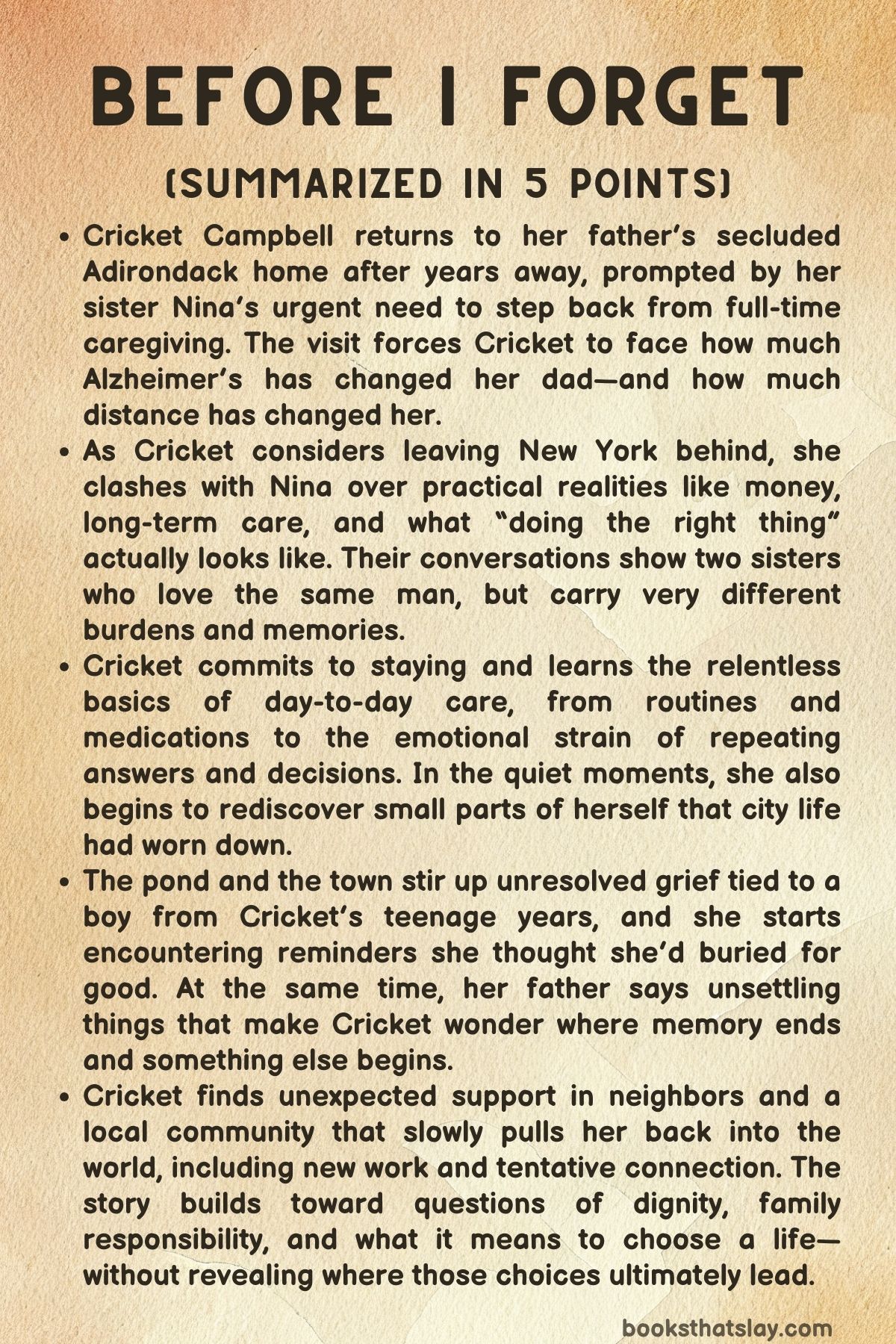 Before I Forget Summary, Characters and Themes